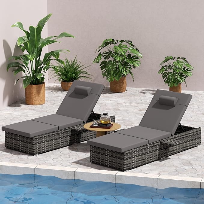 Outdoor Chaise Lounge Chair Set of 2 Wicker Pool Lounge Chairs Tanning Lounges for Outside Lawn Sunbathing Chairs with - Photo 3