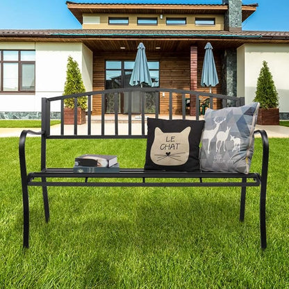 49-Inch Outdoor Garden Bench Natural Hardwood Patio Park Bench Rustic Elegant Porch Deck Loveseat with Bronze Cast Iron Frame and Rose Pattern (B-Type)