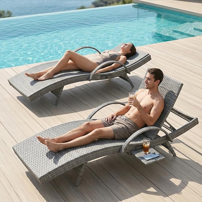 80.3" Chaise Lounge Outdoor Set of 6, Wicker Pool Lounge Chairs Outdoor with Pull-Out Side Table - Photo 4
