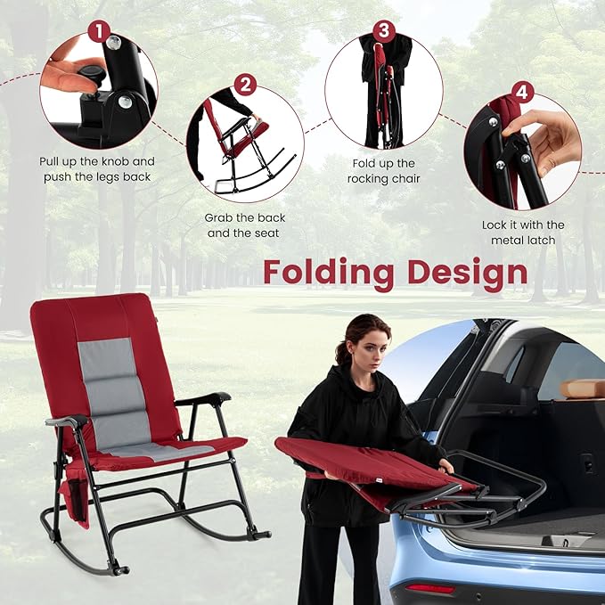 Goplus Oversized Folding Rocking Chair, Padded Patio Lounge Rocker w/Metal Frame, Armrests, Side Pocket - Photo 5