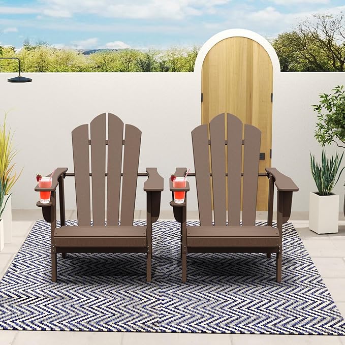 PROHIKER Adirondack Chair with Cup Holder, Plastic Patio Chair, All Weather Outdoor Chairs for Fire Pit Lawn Garden Porch Backyard (Brown, 4 Pack)