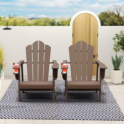 PROHIKER Adirondack Chair Set of 2, HDPE Outdoor Patio Chair with Cup Holder All Weather Outdoor Chairs for Lawn Garden Porch Backyard, Plastic, Brown