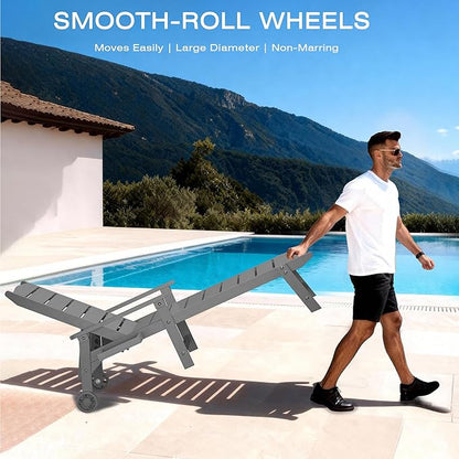 Outdoor Chaise Lounge Chair with Wheels, 6.3ft Full-Length Patio Pool Lounge Chairs,5-Position Adjustable Backrest (Flat Recline), Flip-Down Side Tray,HIPS All-Weather for Poolside, Deck,Beach