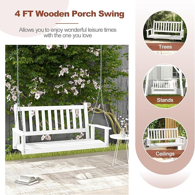 Tangkula 2 Person Wooden Porch Swing, Hanging Patio Swing with 2 Adjustable Galvanized Metal Chains, Slatted Back & Seat - Photo 5
