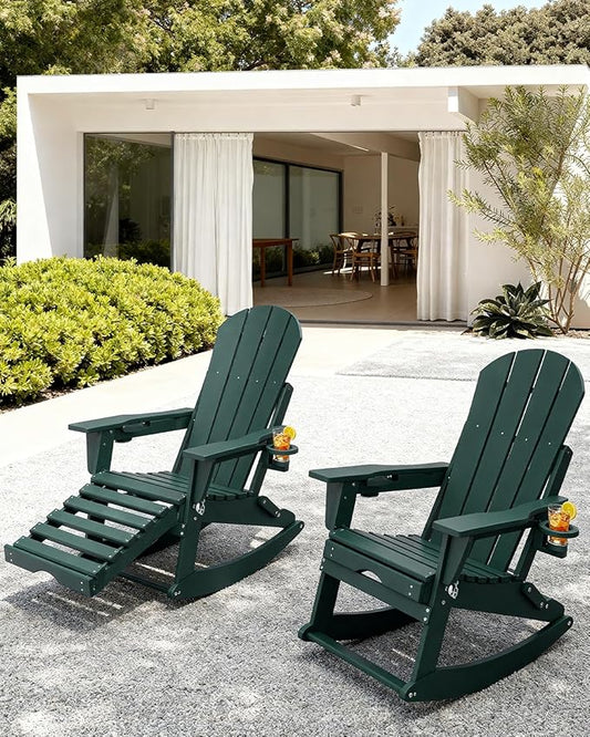 Adirondack Rocking Chair with Retractable Ottoman, All Weather Folding Adirondack Chair with Two Cup Holders, Adirondack Outdoor Rocking Chairs for Porch, Patio, Balcony. Dark Green