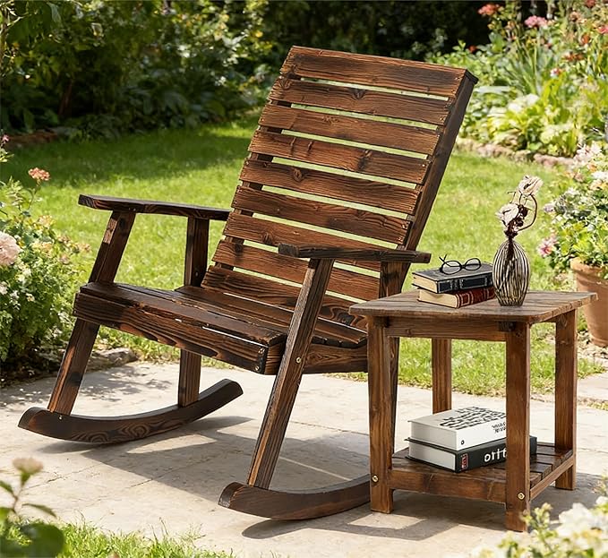 2-Piece Outdoor Rocking Chair with Table, Rocking Bistro Set High Back Porch Rocker Table Set for Patio Lawn Garden - Photo 1