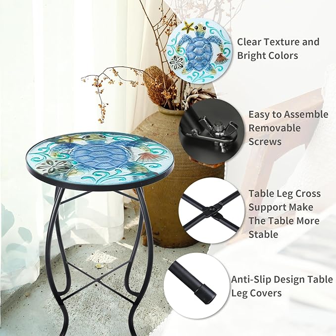 VCUTEKA Patio Side Table Outdoor Accent Table Small Mosaic Table Coffee Table End Table Porch Table Indoor Outdoor Round Glass Balcony Bistro Plant Stands Blue Transparent Turtle 14 inches