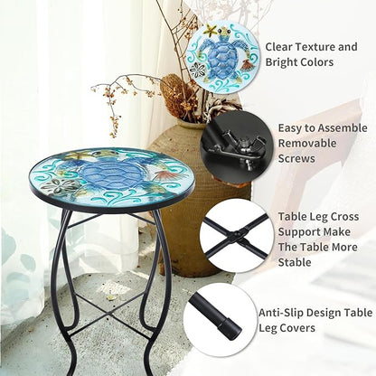 VCUTEKA Patio Side Table Outdoor Accent Table Small Mosaic Table Coffee Table End Table Porch Table Indoor Outdoor Round Glass Balcony Bistro Plant Stands Blue Transparent Turtle 14 inches