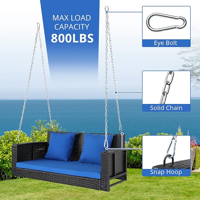 4FT Wicker Porch Swing for 2 Person, 800lb Capacity Outdoor Hanging Bench with Removable Cushions - Photo 7