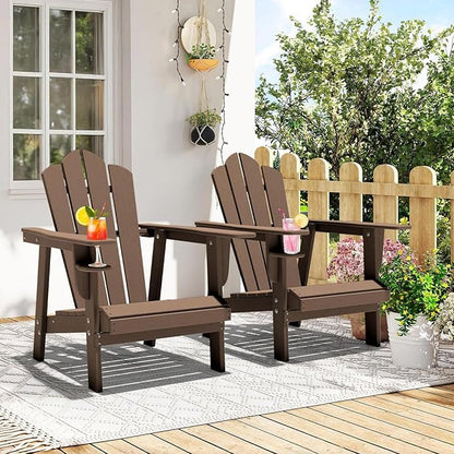 PROHIKER Adirondack Chair Set of 2, HDPE Outdoor Patio Chair with Cup Holder All Weather Outdoor Chairs for Lawn Garden Porch Backyard, Plastic, Brown