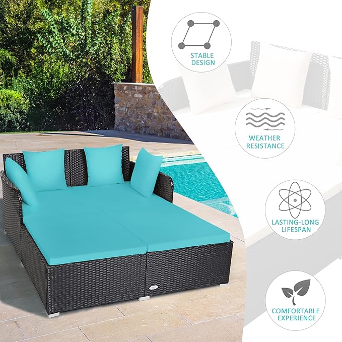 COSTWAY Outdoor Patio Rattan Daybed, Sponge Cushioned Loveseat Sofa with 4 Pillows, Wicker Furniture Sunbed for Balcony - Photo 6