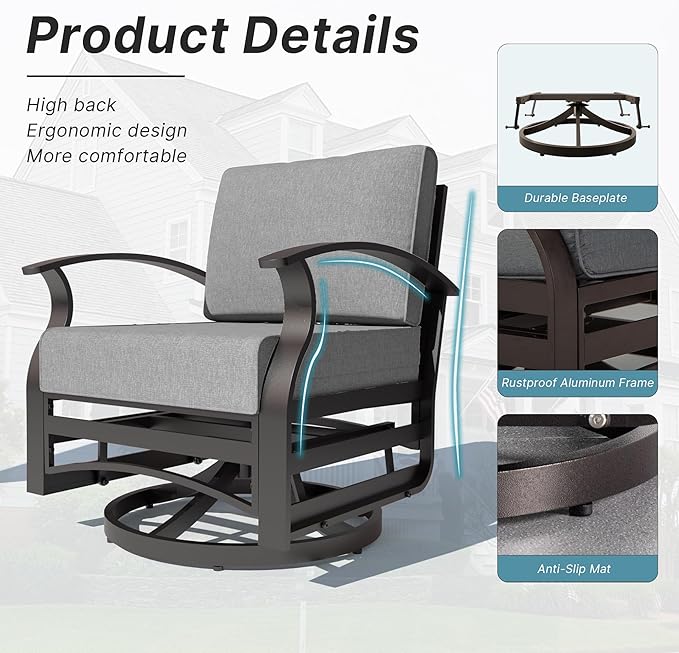 Kurapika 3 Pieces Patio Furniture Set, Outdoor Aluminum Rocking Chair, Patio Bistro Set Swivel Gliders Rocker with Thickened Cushions and Side Table for Porch Garden Deck(Grey)