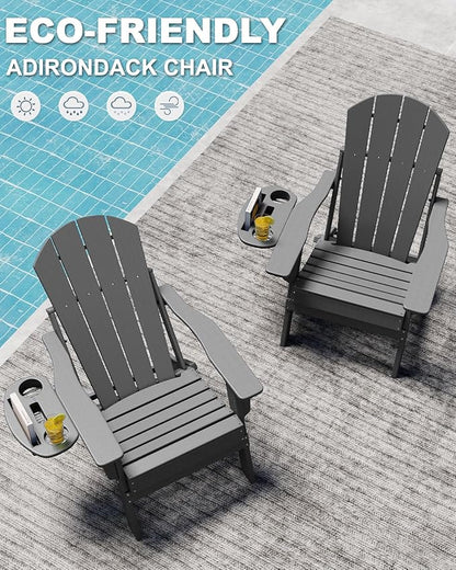 Adjustable Adirondack Chair Set of 2 with Cup Holder, All Weather HDPE Fire Pit Chairs for Deck, Backyard, Patio, Grey
