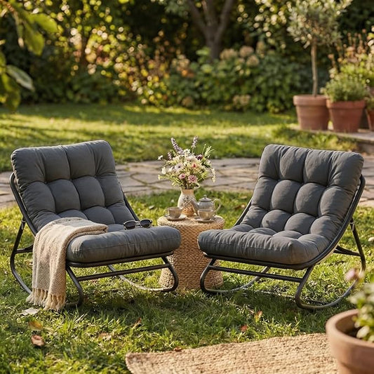 GarveeLife 2 PCS Indoor/Outdoor Rocking Papasan Chairs, Patio Rocking Chairs with Comfy Cushions, Sturdy Metal Frame, Outdoor Papasan Chair for Patio, Garden, Nursery, Living Room