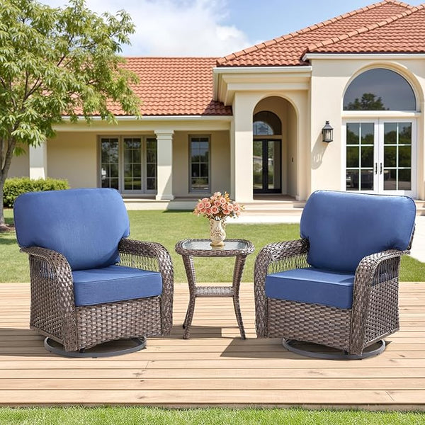 3 Pieces Patio Furniture Set with Swivel Chairs, All Weather Patio Wicker Chairs Swivel Rocker Rattan Side Table - Photo 1