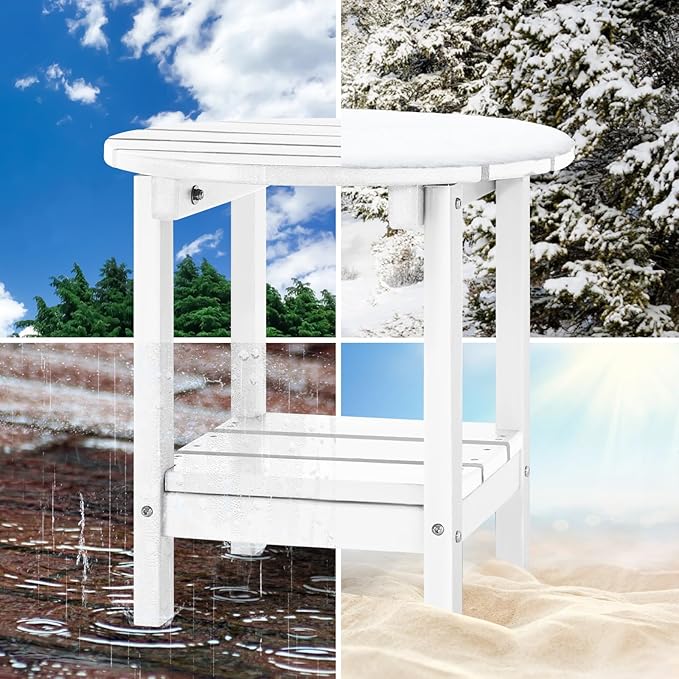 Set 2 Adirondack Outdoor Side Tables, 2-Tier Round Outdoor Table, Weather Resistant HDPE Patio End Table for Garden, Lawn, Pool, Beach, Porch, Deck, Backyard - White