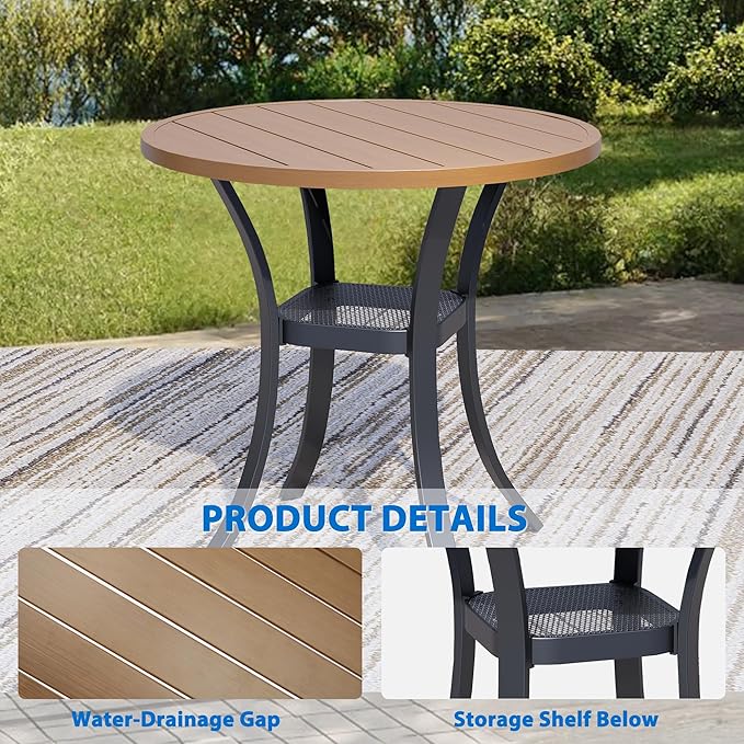 27.5'' Outdoor Patio Table with Storage Shelf, Heavy Duty 400lbs Capacity Round Metal Garden Table, All-Weather Walnut Tabletop for Deck, Balcony, Bistro, 2-4 Person