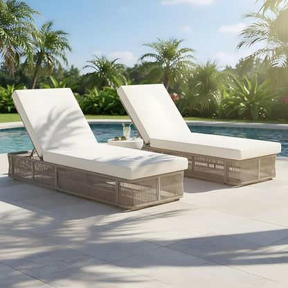 Christopher Knight Home Xayo Set of 2 Patio Chaise Lounge Chair Outdoor with 4-Thick Cushion, Metal Poolside Sun Lounger with Cross-Weave Rope Accent, Adjustable Backrest Pool Lounger, Beige + Cream