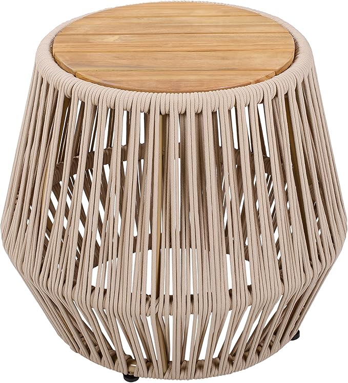 Merax Bohemian Round Outdoor Side Table with Acacia Wood Top and Beige Handwoven Rope Base, Boho Patio Coffee Table for Garden, Pool, Deck, Balcony, Yard
