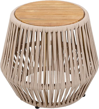 Merax Bohemian Round Outdoor Side Table with Acacia Wood Top and Beige Handwoven Rope Base, Boho Patio Coffee Table for Garden, Pool, Deck, Balcony, Yard