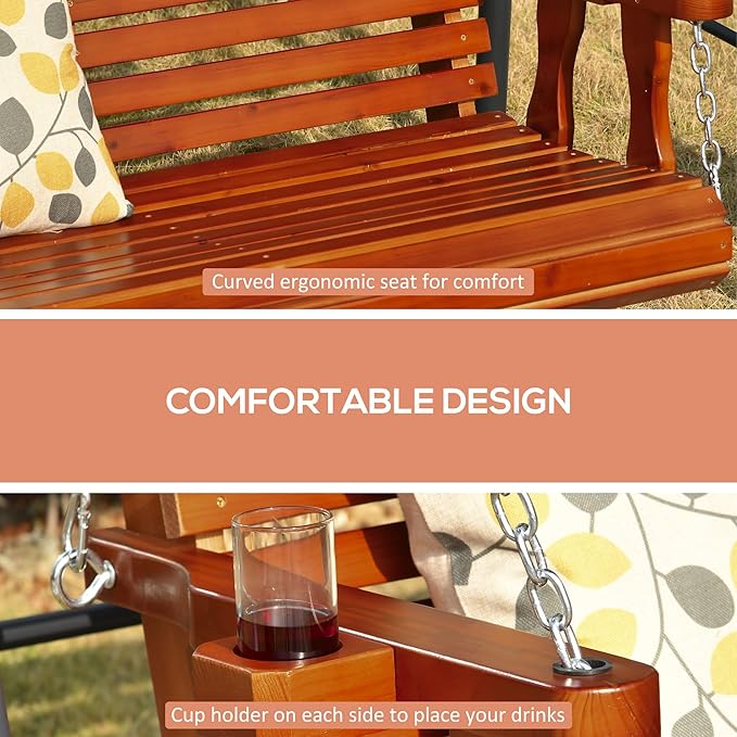 Outsunny Porch Swing with Chains and Cupholders, 2 Person Wooden Patio Swing Chair, 440 lbs. Weight Capacity, for Garden - Photo 4