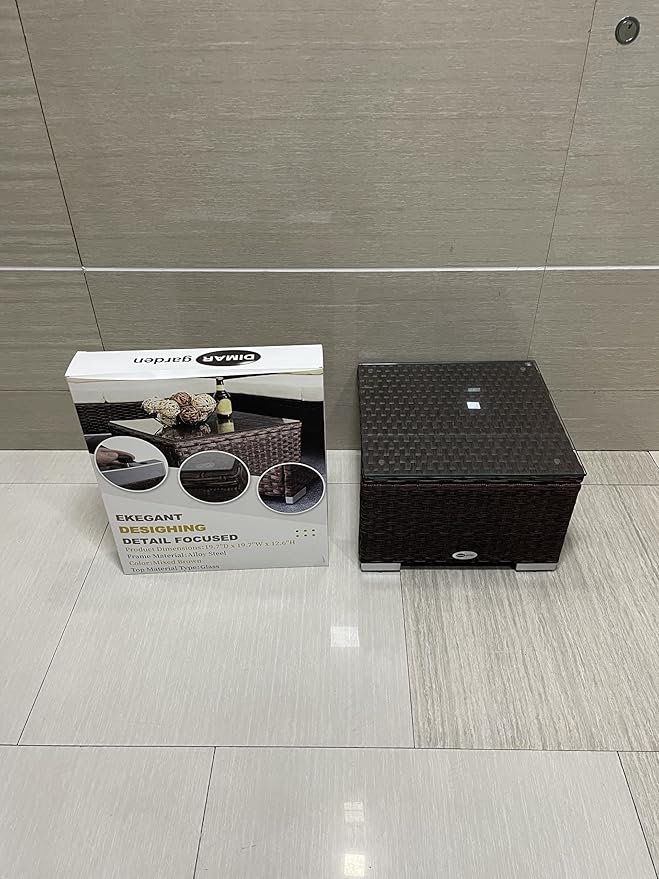 DIMAR GARDEN Outdoor Coffee Table Wicker Patio Side Table with Glass Top,19.7in Mixed Brown