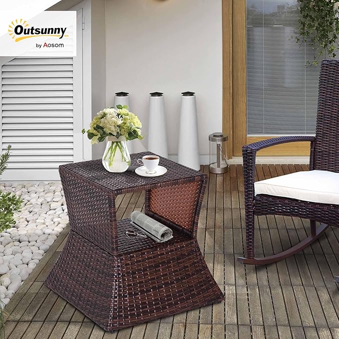 Outsunny Outdoor Side Table with Umbrella Hole, 2 Tier Rattan Wicker End Table with Storage Shelf - Photo 2