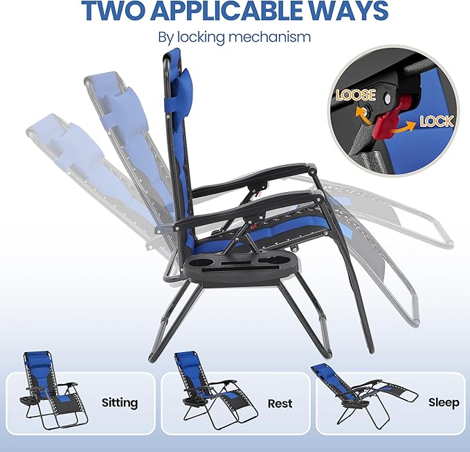 Yaheetech Padded Zero Gravity Recliner, Foldable Outdoor Patio Chairs, Adjustable Anti Gravity Lounger for Backyard Camping w/Carry Strap, Cup Holder, Pillow Navy Blue/Black Set of 2