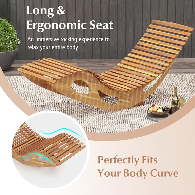 Giantex Acacia Wood Outdoor Rocking Chair, Patio Lounge Chair with Ergonomic Curved & Slatted Seat, High Back, Bottom Stopper, Outside Chaise Lounge, 63”x23.5”x26” Pool Lounger for Porch, Yard (1)