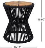 Merax Bohemian Round Outdoor Side Table with Acacia Wood Top and Black Handwoven Rope Base - Photo 2