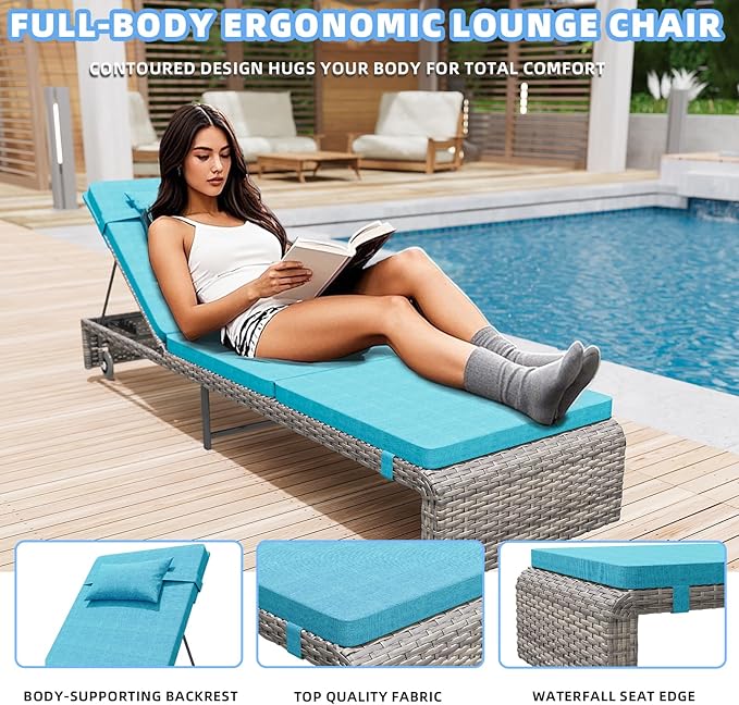 Chaise Lounge Set 3 Pieces, Outdoor Modern Patio Furniture Lounge Chairs Set of 2 with Adjustable Backrest & Side Table, Durable PE Wicker, Weather Resistant Cushions, Blue