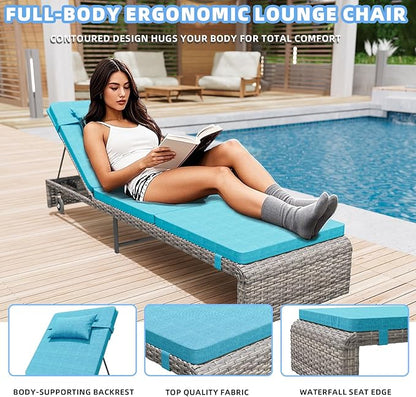 Chaise Lounge Set 3 Pieces, Outdoor Modern Patio Furniture Lounge Chairs Set of 2 with Adjustable Backrest & Side Table, Durable PE Wicker, Weather Resistant Cushions, Blue