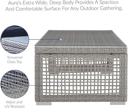 Modway Aura Wicker Rattan Outdoor Patio Tempered Glass Coffee Table in Gray