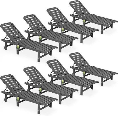 SERWALL Outdoor Chaise Lounge Set of 8, HDPE Pool Lounge Chairs with 5-Position Adjustable Backrest, Patio Loungers with Rolling Wheels & Cup Holder for Pool Sunbathing, Grey