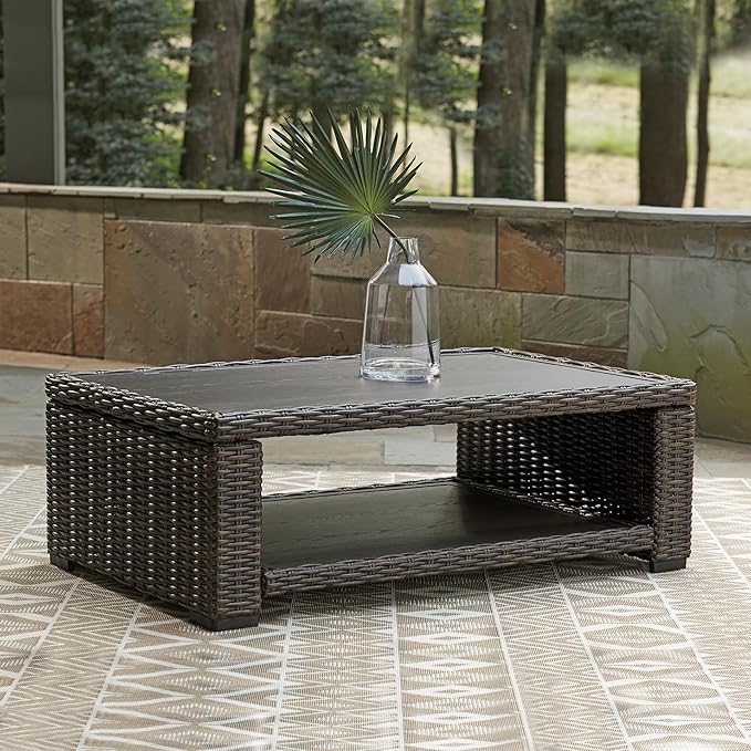 Signature Design by Ashley Grasson Lane Outdoor Wicker Cocktail Table with Aluminum Frame, Brown - Photo 2