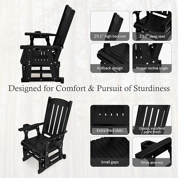 Fortune Candy Wooden Patio Glider for One Person, with High Back and Deep Contoured Seat, Solid Fir Wood - Photo 5