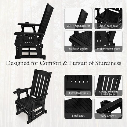 Fortune Candy Wooden Patio Glider for One Person, with High Back and Deep Contoured Seat, Solid Fir Wood, Heavy Duty 600 LBS, Black, 1-Seater