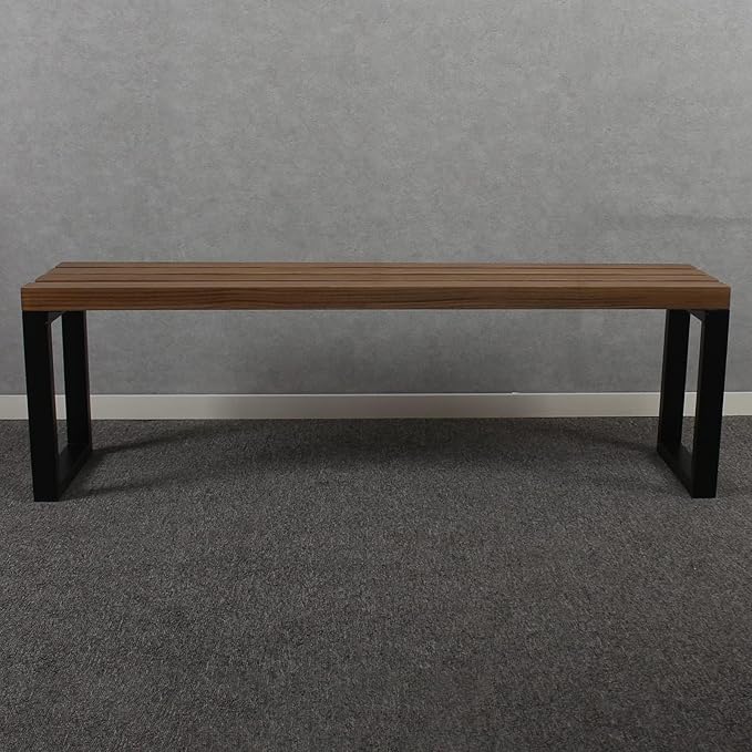 MBQQ Outdoor Soild Wood Bench,55 inch Patio Picnic Bench,Oil Finished Backless Wooden Garden Park Bench for Patio Porch, Modern Slim Indoor Dining Furniture,Sandblast Finish/Rustic Metal,Teak Color