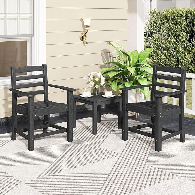 Tangkula Patio Dining Chairs Set of 2, HDPE All Weather Outdoor Chair w/Wide Armrests, Curved Seat, Wood Grain, Plastic Porch Chair for Backyard, Garden, Front Porch, Poolside (Black, 2 Chairs)