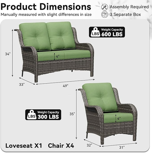 5 Piece Outdoor Wicker Patio Furniture Set, Patio Chairs Set with Thickened Olefin Cushions, High Back and Deep Seating, Hand-Woven PE Rattan for Porch, Deck