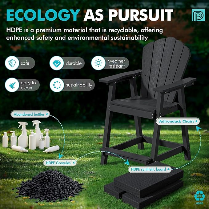 Tall Adirondack Chair Set of 2 with Double Connecting Tray, Recycled HDPE with Wood Grain, Weather Resistant, Outdoor Adirondack Chairs for Deck, Balcony, Patio, Backyard, Black