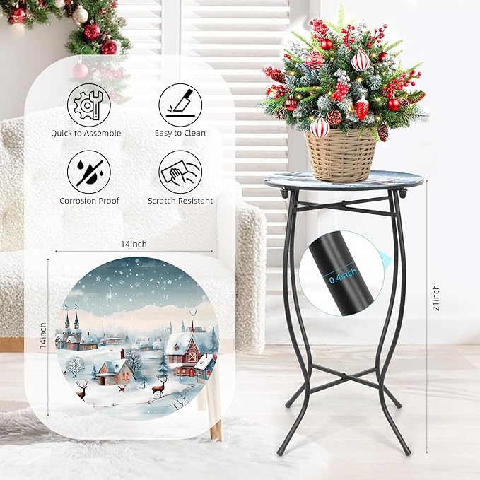 21" H Metal Side Table, Unique Christmas Tabletop with Metal Frame, Round End Bedside Table Accent Table for Bedroom Patio Yard Porch Balcony Garden