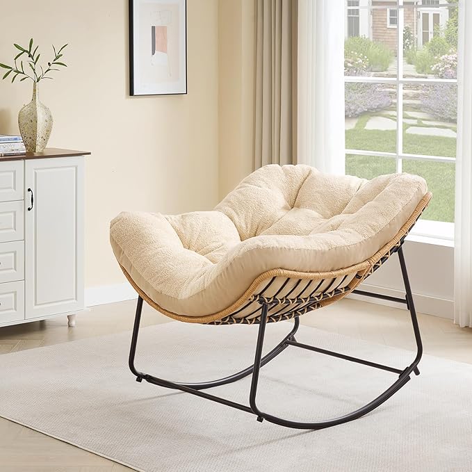 ONBRILL Outdoor Rocking Chairs, Oversized Papasan Rocking Chair Indoors with Padded Cushions, Rattan Wicker Lounge Chair for Living Room, Porch, Patio, Garden, Beige