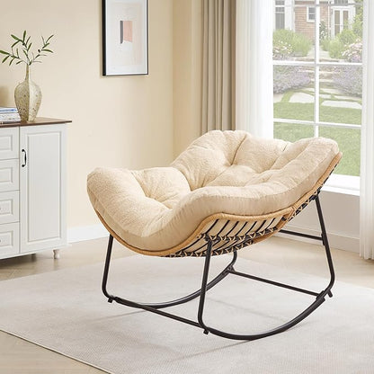 ONBRILL Outdoor Rocking Chairs, Oversized Papasan Rocking Chair Indoors with Padded Cushions, Rattan Wicker Lounge Chair for Living Room, Porch, Patio, Garden, Beige