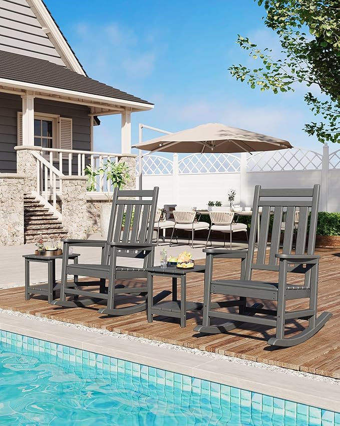 GarveeHome Adirondack Outdoor Rocking Chair, All Weather HDPE Plastic Patio Rocker Chair with Wide Armrests, Classic Fire Pit Chair for Porch, Deck, Lawn, Garde, 380LBs, Easy to Install, Grey
