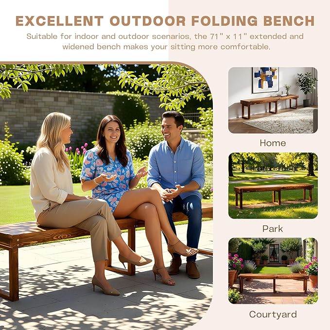 71" Outdoor Solid Wood Folding Bench,Portable Garden Long Narrow Foldable Bench,6Ft Indoor Outdoor Backless Wooden Noodle Benches for Picnic Party Camping Dining Seat,Bears 900 pounds Natural