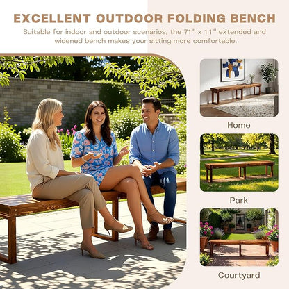 71" Outdoor Solid Wood Folding Bench,Portable Garden Long Narrow Foldable Bench,6Ft Indoor Outdoor Backless Wooden Noodle Benches for Picnic Party Camping Dining Seat,Bears 900 pounds Natural