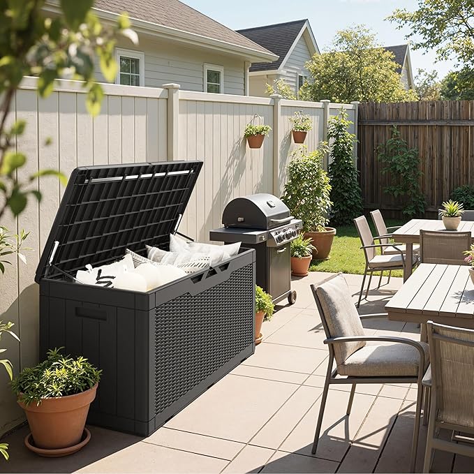 Greesum 100 Gallon Resin Deck Box Large Outdoor Storage Boxes with Cushions for Garden Tools, Patio Furniture Pillows - Photo 2