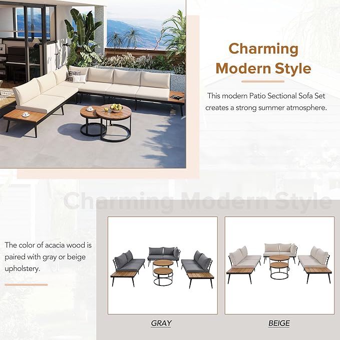 Modern Outdoor Sectional Sofa Set with Round Nesting Coffee Tables and Cushions, 6-Piece Patio Furniture Set for Porch - Photo 7