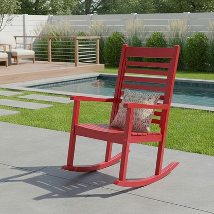 Shine Company Modern Wood Rocking Chair, Ergonomic Wide Seat Porch Rocker, Chili Pepper